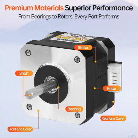 YEJMKJ Nema 17 stepper motor with silver front plate, protruding shaft, black housing
