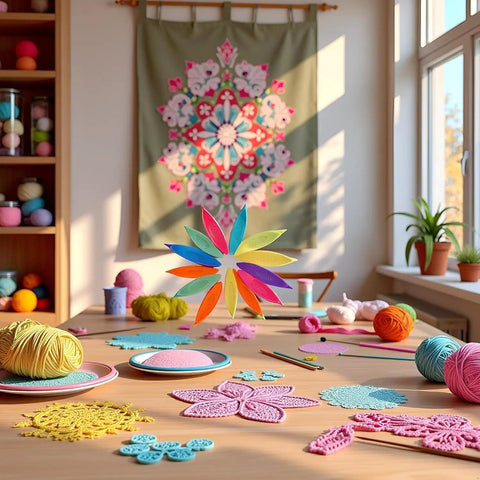 Nine Colorful Plastic Tatting Shuttles Set for Lace DIY Hand Lacemaking Craft displayed on a crafting table with yarn and lace samples