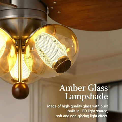 YPDJVLTI Ceiling Fans Lights Children's LED Fandelier - amber glass lampshade with built-in LED light glowing softly.