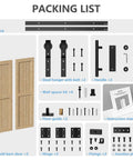 Packing list for Workhorse Spruce Wood Bifold Barn Door Kit Includes 90 Inch Track Assembly with all components.