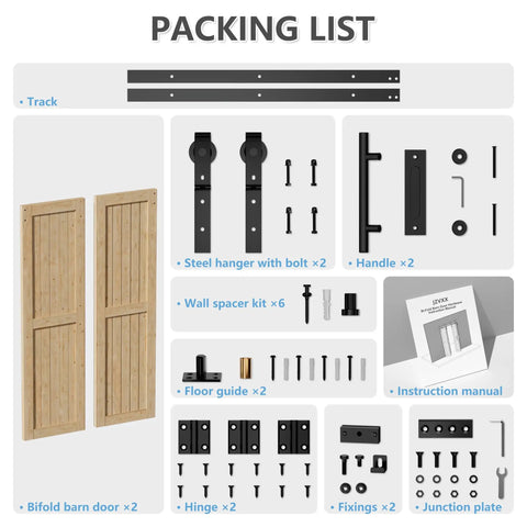 Packing list for Workhorse Spruce Wood Bifold Barn Door Kit Includes 90 Inch Track Assembly with all components.