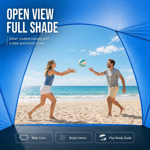 Couple playing with a ball under Portable Beach Sun Shelter For 2 To 8 People, UPF 50 Plus UV Protection at the beach