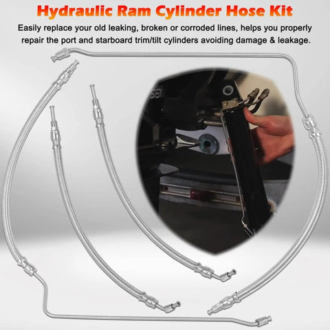 All In One Trim Tilt Hydraulic Ram Cylinder Hose Kit with stainless steel hoses for Alpha Drives 1991+, close-up view