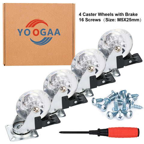 Set of 4 clear 3-inch swivel caster wheels with brakes; transparent polyurethane wheels with mounting screws