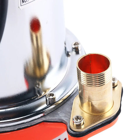 Close-up of outlet port on Top Shelf 12 Volt Dc Solar Water Pump Built Like A Tank For Farm And Ranch Jobs Featuring 26 Feet Of Lift Power Plus 100 Liters Per Minute Flow Through 1 Inch Outlet Stainless Steel Submersible Design Zero Hassle Operation In Vibrant Orange Finish.