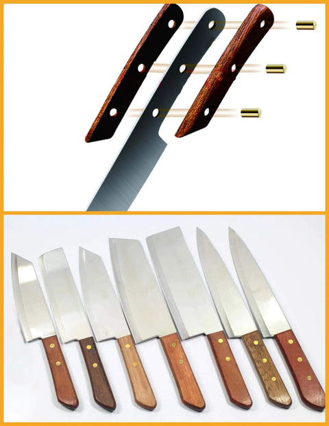 One Eighth Inch Brass Rods Pack, 12 Inch Long, 10 Pieces For Knife Making Handles and Rivets shown in wooden knife handles