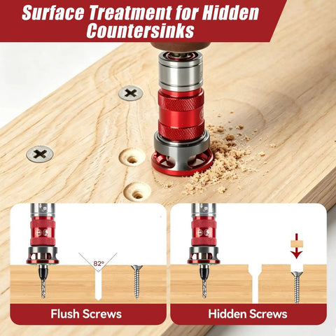 14 Piece Countersink Drill Bit Set With Self Locking Quick Adjust Depth Tct Steel Hss Bits Heavy Duty Design demonstrating flush and hidden screws.