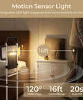 Heavy Duty Bed Rail For Seniors With Motion Sensor Light illuminating bedroom, showing 16ft range and 120° wide angle, carbon steel frame.