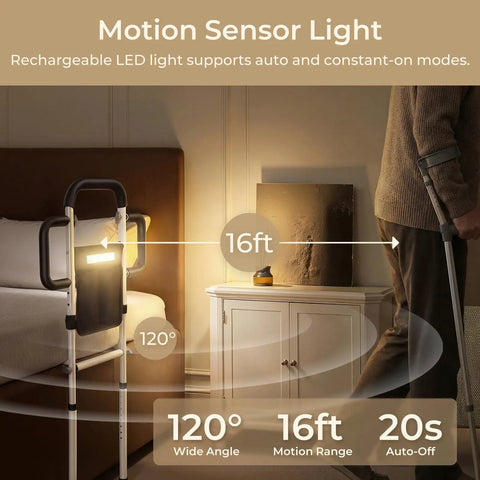 Heavy Duty Bed Rail For Seniors With Motion Sensor Light illuminating bedroom, showing 16ft range and 120° wide angle, carbon steel frame.