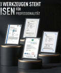 Framed certificates on display stand, emphasizing professionalism, related to Beefy Pro Grade 9 Piece Torx Star Allen Wrench Set.