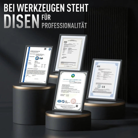 Framed certificates on display stand, emphasizing professionalism, related to Beefy Pro Grade 9 Piece Torx Star Allen Wrench Set.