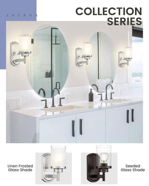 Modern Sleek Brushed Nickel Bath Vanity Light Fixture With White Linen Frosted Glass Shades Wall Sconce Duo installed in bathroom