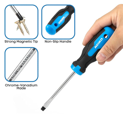 Close-up of 10 Piece Magnetic Screwdriver Set With Phillips And Flathead Bits showing non-slip handle and magnetic tip.