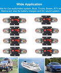 Heavy Duty Manual Reset Audio Circuit Breaker Inline Fuse Holder For Auto Car Stereo Marine Amp Protection 12V 24V DC, various amperage ratings shown.