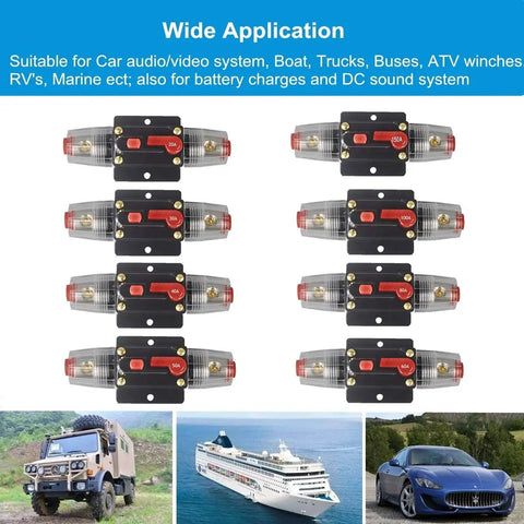 Heavy Duty Manual Reset Audio Circuit Breaker Inline Fuse Holder For Auto Car Stereo Marine Amp Protection 12V 24V DC, various amperage ratings shown.