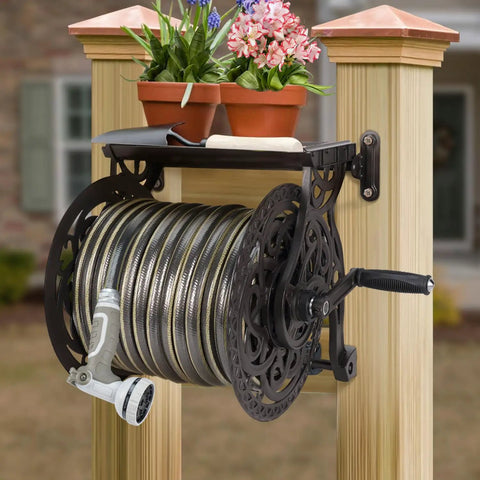 Wall Mount Garden Hose Reel For Outdoor Use, Holds Up To 125 Ft Of Five Eighth Inch Hose, Heavy Duty Aluminum Frame