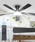 52 Inch Ceiling Fan With Remote Control And Integrated Lighting Flush Mount Style With Real Wood Blades And Matte Black Finish, shown with remote.