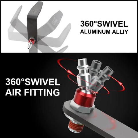 Four Inch L Shaped Pneumatic Tool Rafter Hook Hanger With One Quarter Inch Swivel Fittings Keeps Tools Off The Ground And Hands Free On The Jobsite For Nailer Hammer And Blow Gun With Adapter Two Pack, 360° swivel aluminum ally