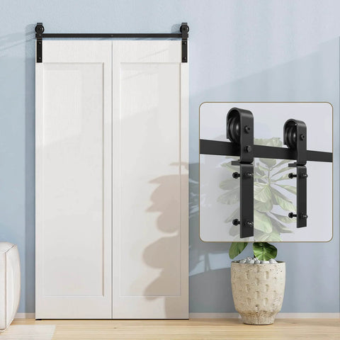 2.5Ft Bi Folding Sliding Barn Door Hardware Track Kit For Two Doors with Black Roller Kit and J Shape Track Installed