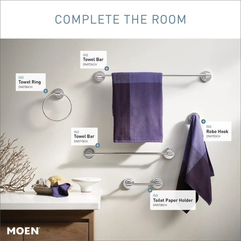 Bathroom scene with Iso Collection Double Post Pivoting Chrome Toilet Paper Holder and matching towel bars, robe hook, towel ring.