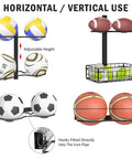Wall Mounted Basketball Rack And Football Holder For Garage Sidekick, Adjustable DIY Soccer Stand with Basket, showing vertical use.