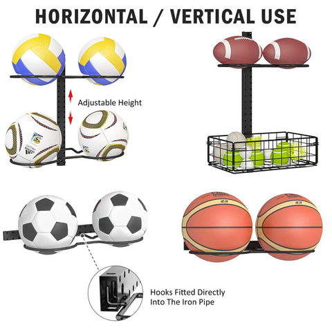 Wall Mounted Basketball Rack And Football Holder For Garage Sidekick, Adjustable DIY Soccer Stand with Basket, showing vertical use.