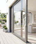 Sliding glass door with Keyed Sliding Patio Door Handleset With Off Center Thumb Latch And 45 Degree Keyway, white diecast