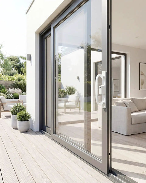 Sliding glass door with Keyed Sliding Patio Door Handleset With Off Center Thumb Latch And 45 Degree Keyway, white diecast