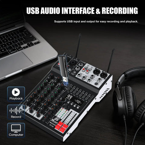 Four Channel Audio Mixer With Dual Microphones, Pro 99DSP Sound Console For DJs, shown with laptop and headphones
