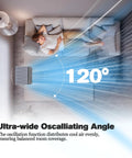 Portable Evaporative Swamp Cooler With 5.3 Gallon Water Tank 1700 Cfm Airflow in room, illustrating 120° ultra-wide oscillation feature.