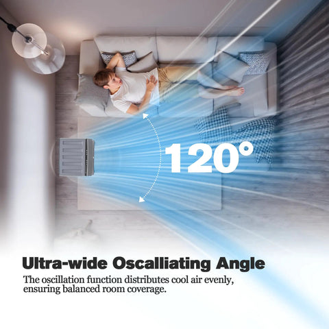 Portable Evaporative Swamp Cooler With 5.3 Gallon Water Tank 1700 Cfm Airflow in room, illustrating 120° ultra-wide oscillation feature.