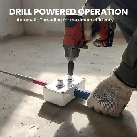 Drill Powered Automatic Cable Puller And Tugger For Hidden Pipe Routing No Sweat Wire Threading System With Back Saver Grip in use with power drill.