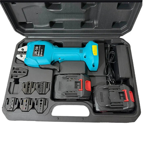 18V Cordless Electromechanical Hydraulic Battery Powered Terminal Crimper With 2-Piece Iron Batteries in sturdy case with accessories.