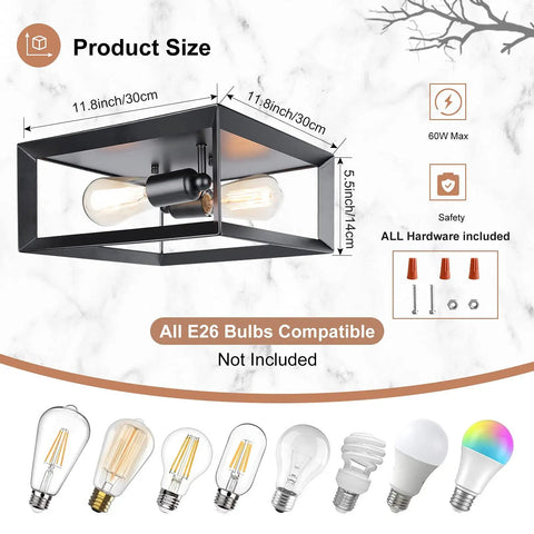Two Light Flush Mount Ceiling Light Fixture In Industrial Black Metal Finish for multiple bulb compatibility, hardware shown
