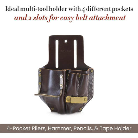 4 Pocket Pliers Hammer Holder Pencils And Tape Holder Leather Tool Pouch Full Grain Dark Tan Multi Tool Belt Holder displayed front view.
