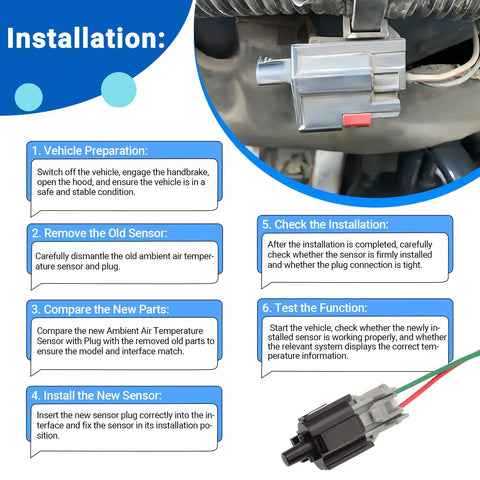 Top Shelf Ambient Air Temperature Sensor With Plug For Hyundai Kia Elantra Sonata Tucson Santa Fe Direct Swap Oem 969853X000 installation guide with installation steps and sensor image.