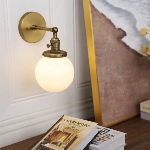 Hardwired Wall Sconce With White Globe Glass Brass Vanity Light For Bathroom Vintage Retro Vibe Wall Fixture With On Off Switch