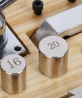 Heavy Duty Ring Bending Kit For Jewelry Making With Chrome Steel Molds Wooden Base close-up view of mold numbers 16 and 20