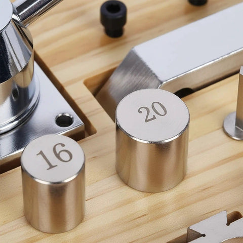 Heavy Duty Ring Bending Kit For Jewelry Making With Chrome Steel Molds Wooden Base close-up view of mold numbers 16 and 20