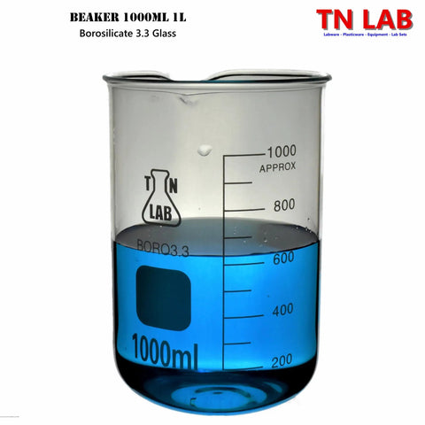 1L Borosilicate Glass Beaker With Graduations 1000ml filled with blue liquid, close-up view of measurements and logo