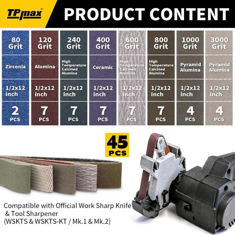 45 Piece One-Half Inch By Twelve Inch Knife Sharpener Sanding Belt Kit With Multiple Grits For WSKTS And WSKTS-KT Mk1 Mk2 Sharpener