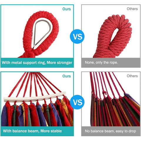 Comparison of Heavy Duty Canvas Camping Hammock With Thick 320G Fabric, 550Lb Load showing metal support ring and balance beams.