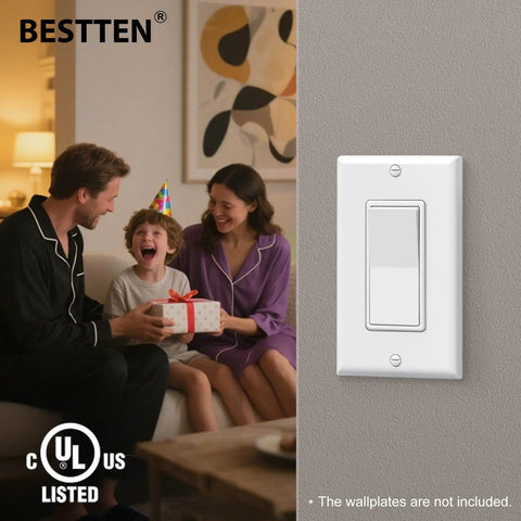 Family with gift next to 30 Pack Three Way Decorator Light Switches, 15 Amp 120 Volt 277 Volt, UL Listed, White.