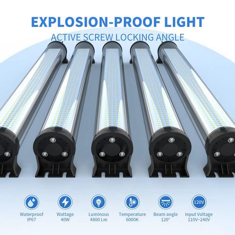 Five 40W IP66 Explosion Proof LED Machine Lights for CNC and Industrial Work, 120V, with adjustable mount shown in a row.