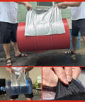 Two people handling Heavy Duty Self Adhesive Bitumen Tape over red barrel and blue bottle demonstrating waterproof sealing.