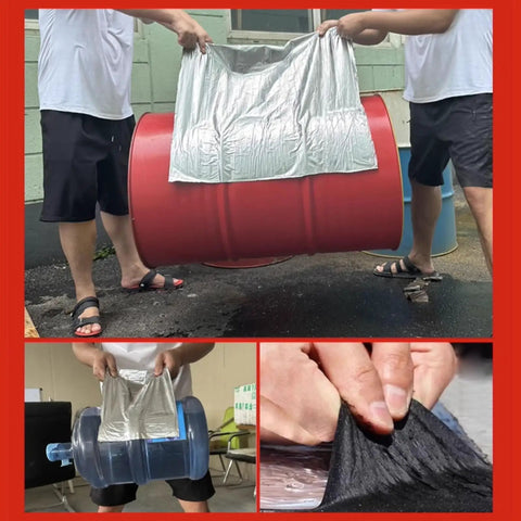 Two people handling Heavy Duty Self Adhesive Bitumen Tape over red barrel and blue bottle demonstrating waterproof sealing.