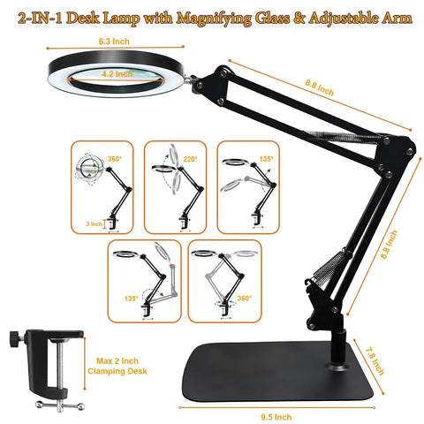 15X Lighted Magnifying Glass With Real Glass Lens, Three Color Modes And Adjustable Brightness, showing measurements and features