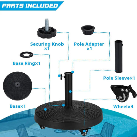 Beefy 52 Pound Heavy Duty Umbrella Base With Brakeable Wheels For Outdoor Use parts diagram with components labeled