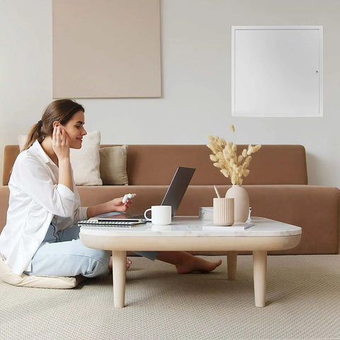 Heavy Duty Steel Access Panel With Locking Key For 24 Inch Drywall Cutout Ceiling And Attic Hatch Two Pack visible in home office setup.