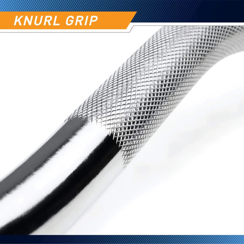 Close-up of knurl grip on Threaded Chrome Curl Bar With Collars For All Standard Plates 48 Inch Heavy Duty Steel Build